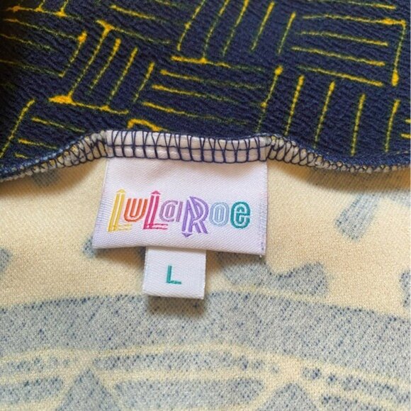 LulaRoe Cassie Blue/Yellow Geometric Print Pencil Skirt Size Large Stretchy Fabr - Picture 3 of 8